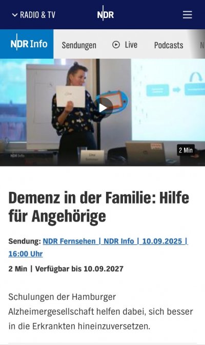 Hamburg Journal berichtet: Kurse der Alzheimer Gesellschaft Hamburg helfen im Alltag mit Demenz