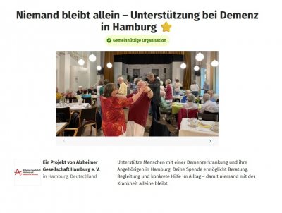 Spendenaktion für die Alzheimer Gesellschaft Hamburg e. V. auf betterplace: „Niemand bleibt allein – Unterstützung bei Demenz in Hamburg“